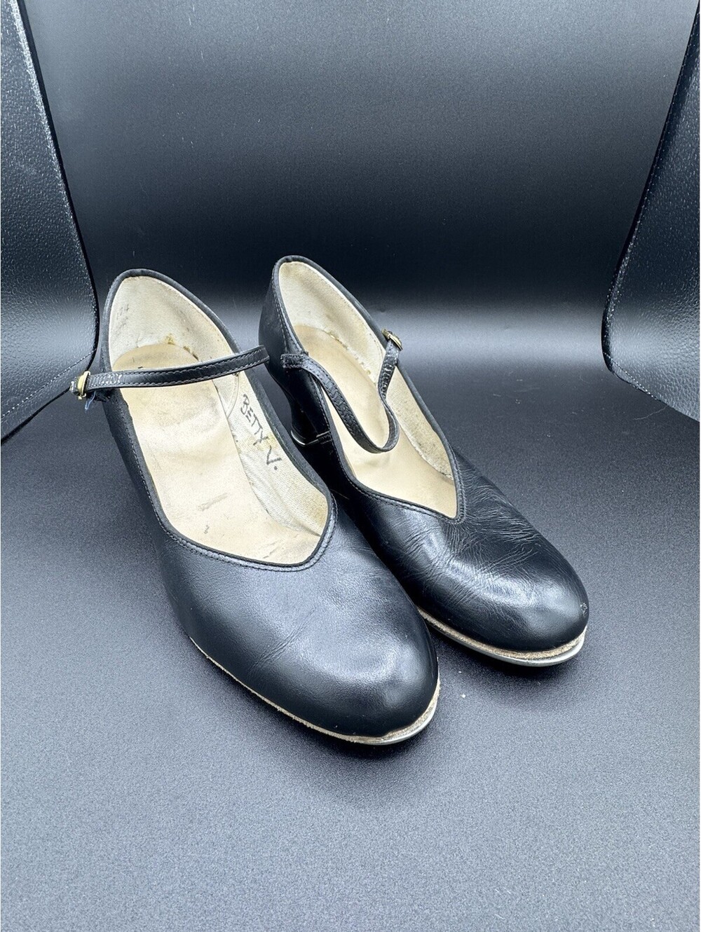 Vintage Capezio Style Mary Jane Tap Shoes Womens 9.5M Black Leather Heeled Dance